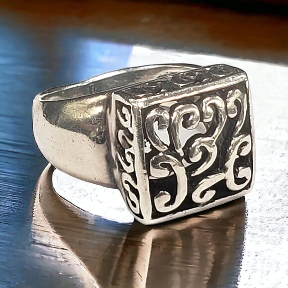 Sterling Silver Ring Square Swirl Open Scroll Work Sz 7.75 Designer Statement - Picture 1 of 9